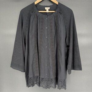 LOGO Lavish Women's Bohemian Peasant Lace Trim Blouse XL Button Front Boho